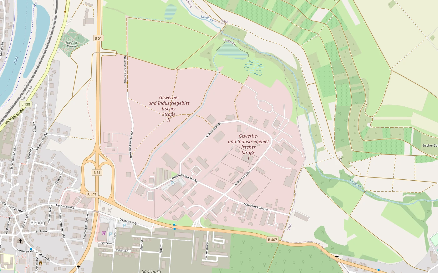 Kartenausschnitt Saarburg-Beurig: Halle im Gewerbe- und Industriegebiet Irscher Straße, Industriestr. 17, nahe B51