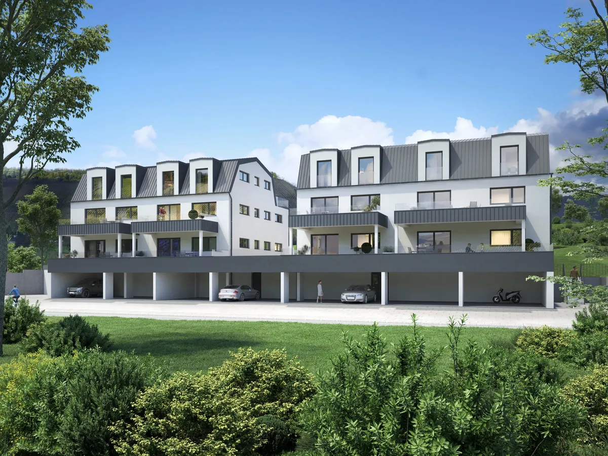 Visualisierung der Ayler Twins — zwei Mehrfamilienhäuser mit Mansarddach in Ayl, Straßenansicht