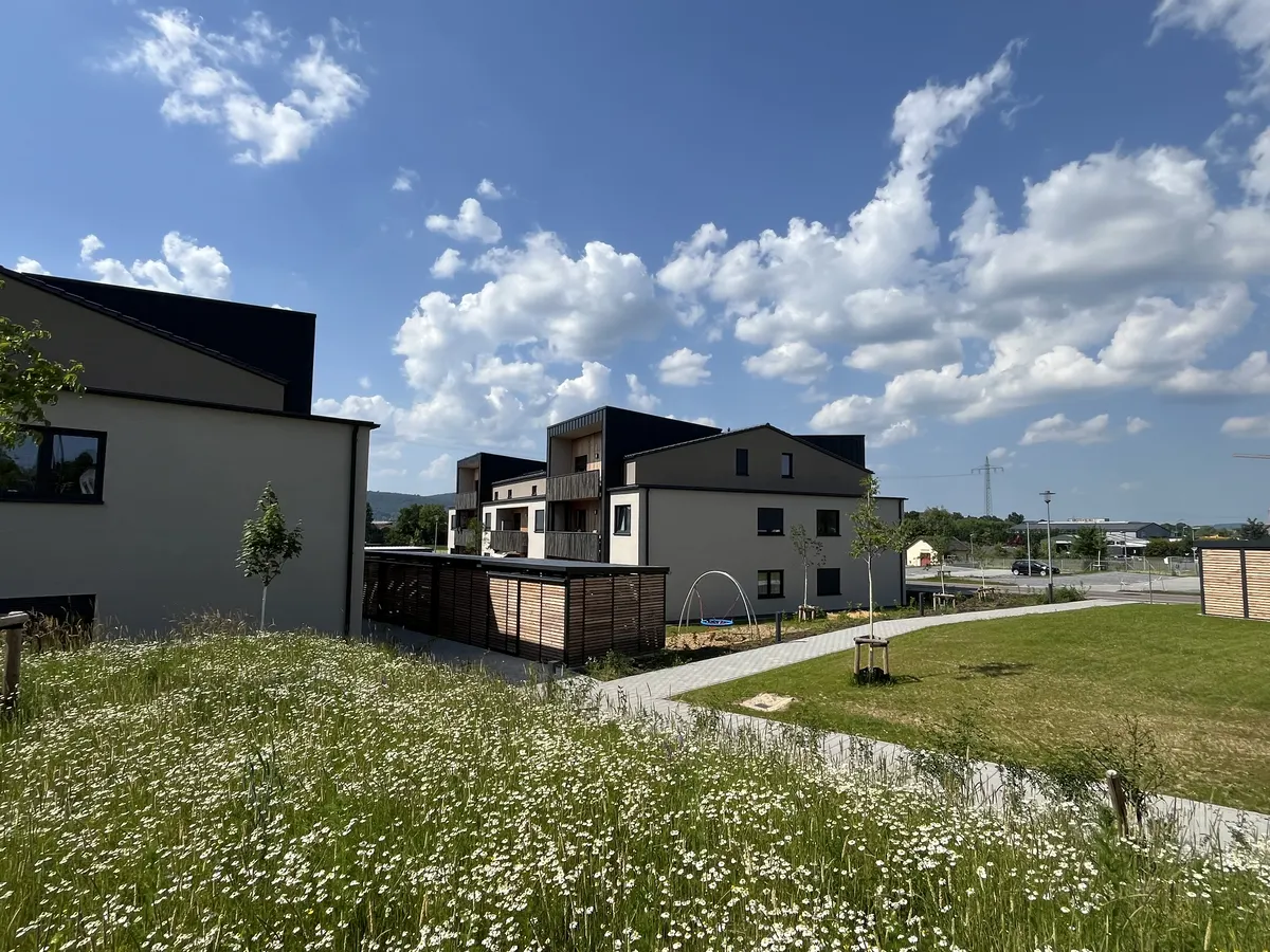 Gartenseite der Wohnhäuser in Bekond mit Wiesenweg